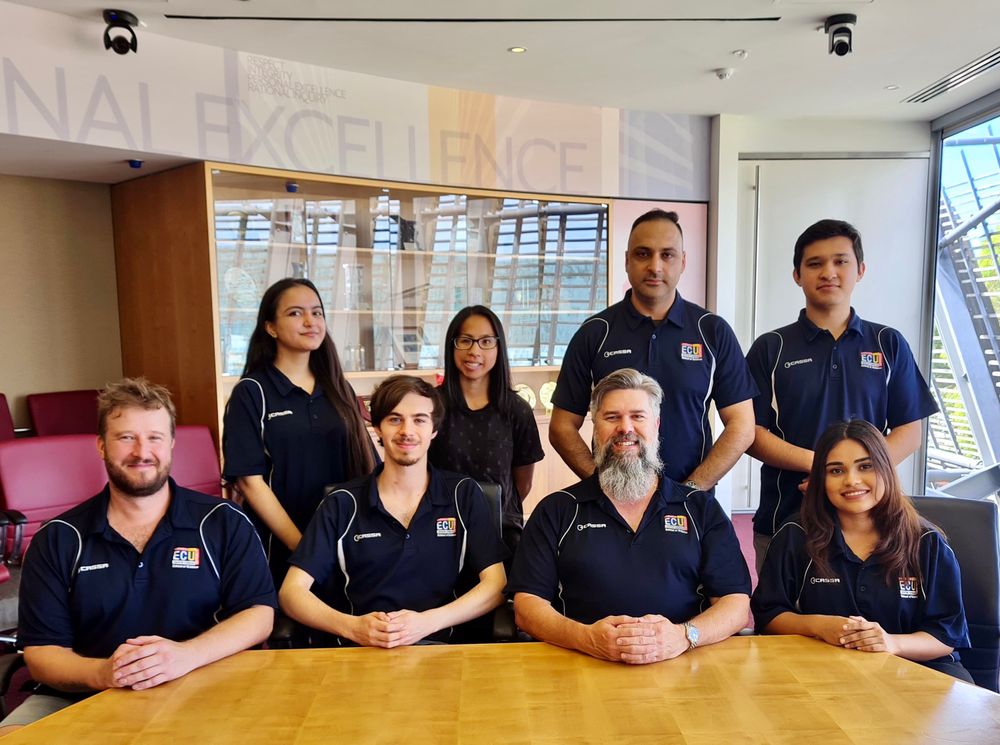 2020-2021 Executive Committee Standing. Standing (left to right): Poojan Sharma, Cherie Barringhaus, Ujjwal Miglani, Samiollah Ranjbar. Seated (left to right): Grant Hunter, Lachlan Barker, Niall Navin, Morium Mostafa Momo